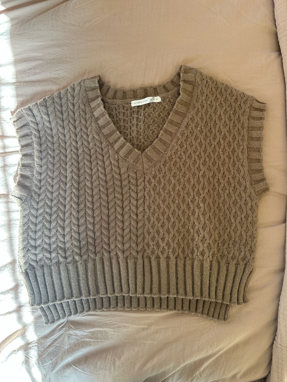 Altar'd State Taupe Cable Knit V-Neck Sleeveless Sweater Vest
